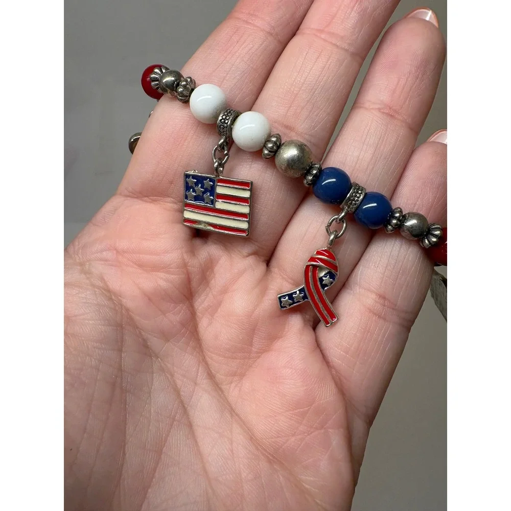 Patriotic Red White Blue Beaded Charm Stretch Bracelet God Bless America Flag